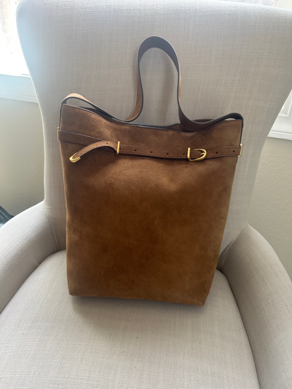 Madewell Tan Suede Shoulder Bag with Gold Accents